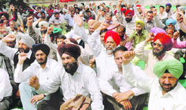 Members of the Punjab State Cooperative Board Corporation Employees’ Mahasangh raise slogans against the state government during a rally at Udyog Bhavan, Sector 17, Chandigarh, on Wednesday.