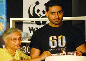 CM Sheila Dikshit and actor Abhishek Bachchan at the launch of the World Wide Fund's Earth Hour 2010 in New Delhi