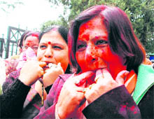 Woman members of the BJP celebrating the passage of the Womens Reservation Bill in the Rajya Sabha at Shimla on Wednesday. 
