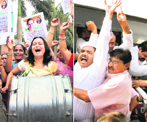 Congress workers celebrate the passage of Women's Reservation Bill in the Rajya Sabha in Thane; and (right) the police arrests activists of the Lok Janshakti Party protesting against the bill in New Delhi, on Wednesday.