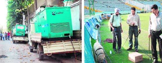 Diesel generator sets put up next to houses in Phase IX for the IPL matches; and (right) securitymen take stock of the situation at the PCA Stadium in Mohali