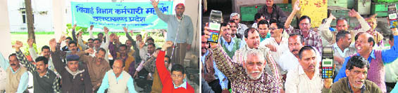 (Left) Irrigation employees stage a dharna; and (right) Conductors of Uttarakhand roadways hold a protest in Dehradun on Thursday.