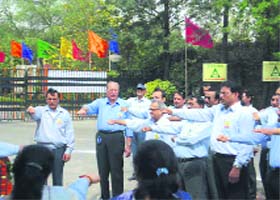 Arvind Kapur, MD, RICO Auto Industries, administers oath of safety to the company employees as a part of the safety week observance in company premises in Gurgaon