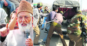 Hurriyat Conference chairman Syed Ali Shah Geelani addresses his supporters after returning from New Delhi, in Srinagar on Thursday; and (right) policemen detain a Geelani supporter.