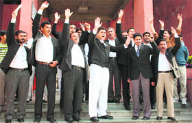 Members of the Bar Association hold a protest against the Jammu and Kashmir Women Permanent Resident Disqualification Bill at the high court in Jammu on Thursday.