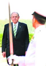 Brazilian Defence Minister Nelson Jobin, on a two-day visit to India, inspects a guard of honour at South Block in New Delhi on Thursday.