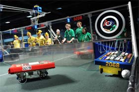Robots created and operated by high school students do battle in a mechanised version of soccer during the FIRST (For Inspiration and Recognition of Science and Technology) Annual Regional Robotics Competition on held recently at the Washington Convention Center in Washington DC, USA