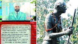 Well maintained statue of Shaheed Nanak Singh. (Right) The statue of Mahatma Gandhi cries for attention.