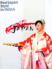 An artist from Takarazuka Theatre School Yuri Shirahane performs a traditional Japanese dance commemorating the Sakura (Cherry Blossom), the national flower, during a function to launch Japan governments Feel Japan Style in India project in Mumbai on Friday. To enhance business/trade relations between both countries, Japanese government is conducting a maiden four-day test marketing project in India.