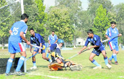 A hockey match being played at the foundation day celebrations of the Rashtriya Indian Military College in Dehradun on Friday.