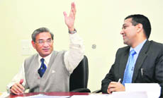 Dr Jyoti K Sharma and PC Nautiyal, Registrar, Doon University, at a press conference in Dehradun on Friday.