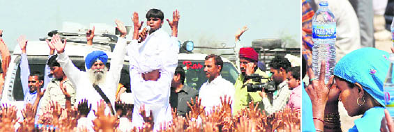 Baba Bhupender of Rewari addresses followers; and (right) a follower of the baba with a bottle of water in Karnal on Friday.