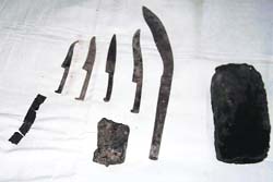 Weapons recovered during the digging near a gurdwara at Kailey village near Ahmedgarh.