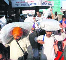Farmers alight at Bathinda railway station with bags of Bt cotton seed from Gujarat.