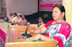 Neema Aggarwal, a statehood agitator, addresses a convention in Dehradun on Sunday. 