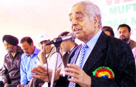 PDP leader Mufti Mohammad Sayeed addresses a meeting of party workers at Paloura in Jammu on Sunday.