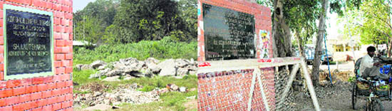 Foundation stones of the project for an additional building for UT officers at Sector 10; and (right) a bridge over the nullah at Mani Majra in Chandigarh, which have yet to take off.