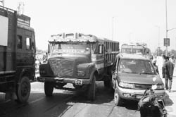 The car and truck that were involved in an accident leading to a traffic jam at Kurali