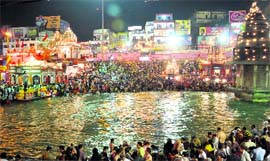 A view of Ganga aarti at Brahm Kund in Haridwar on Monday.