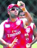 Yuvraj Singh and Mohd Kaif during a training session in Bangalore on Monday.