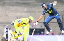 Andrew Symonds tries to get back into his crease at the MA Chidambaram stadium in Chennai on Sunday.