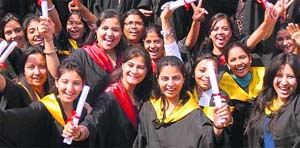 Students of the MCMDAV College for Women with their degrees at the convocation in Chandigarh on Tuesday.
