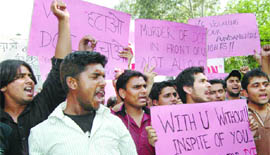 Students of Delhi College of Engineering protest against the government for changing the name of DCE near Delhi Assembly on Tuesday.