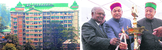 The High Court building in Shimla; and (right) Chief Justice of India KG Balakrishnan with Himachal Pradesh Chief Minister PK Dhumal, Union Steel Minister Virbhadra Singh and Chief Justice of Himachal Pradesh Kurian Joseph at the Ruby jubilee celebrations of the High Court.