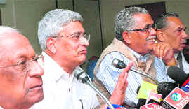 Left leaders Prakash Karat, AB Bardhan, Debabrat Biswas and Abani Roy addressing mediapersons in New Delhi on Tuesday.