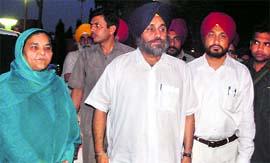 Sukhbir Singh Badal, Deputy Chief Minister, along with other leaders comes out of Punjab Raj Bhawan in Chandigarh after submitting a memorandum to the Governor on Tuesday.