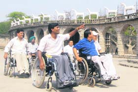 Inmates of the Paraplegic Rehabilitation Centre during a visit to the Rock Garden in Chandigarh