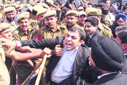 Members of the Bar Association, Jammu, scuffle with policemen during a protest in Jammu