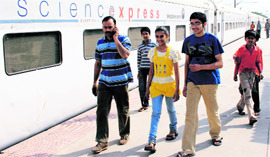 Visitors come out from Science Express at the Chandigarh railway station on Thursday.