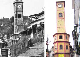 The Clock Tower of Mussoorie in 1940 and (right) today