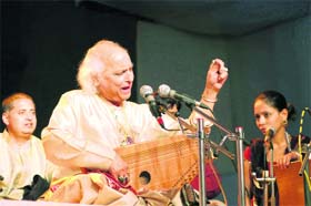 Pandit Jasraj performs during a cultural event in Haridwar