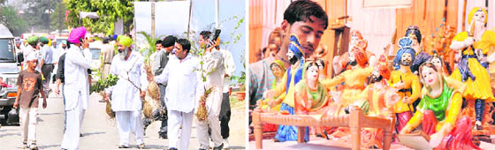 Farmers carry saplings and (right) decorative items depicting rich culture of Punjab on display at a stall in PAU on Thursday.