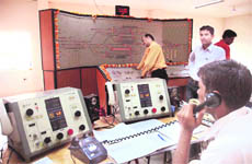 Officials operate the newly installed route relay interlocking system at Bathinda railway station on Thursday.