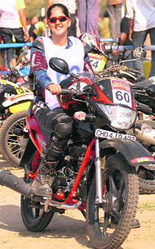 Madhurima Awasthi, the lone participant in the two-wheeler category, at the 23rd SJOBA Thunderbolt Sub-Himalayan Rally at the exhibition ground in Sector 34, Chandigarh, on Friday.
