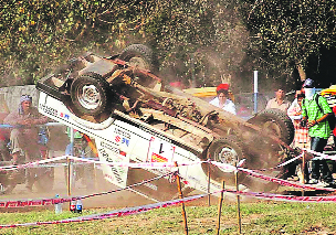 A Gypsy turns turtle during SJOBA rally at the Exhibition Ground, Sector 34, Chandigarh, on Friday.