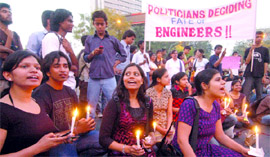 Students of Delhi Technological University protest against the state government in Connaught Place, New Delhi, on Tuesday.