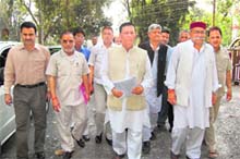 Leaders go to meet Uttarakhand Governor Margaret Alva with a memorandum against the state BJP government in Dehradun on Friday.