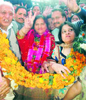 Vimla Kashyap, Rajya Sabha MP from Himachal, greeted by admirers and party workers at Shimla on Friday.