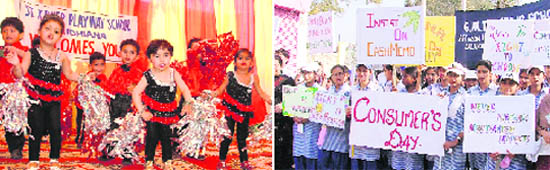 Tiny tots of St Xavier’s Playway School perform at the annual function; and (right) students of GNT Public School take out a consumer awareness rally in Ludhiana