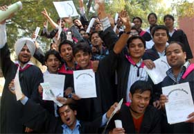 Students of the Government Rajindra College in a jubilant mood after receiving degrees during the convocation ceremony organised on the college premises in Bathinda on Saturday. Tribune photo: Pawan Sharma