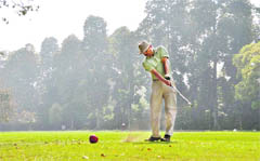 A player in action during the Pioneer-Radison Cup Golf tournament at FRIMA Golf Course in Dehradun 