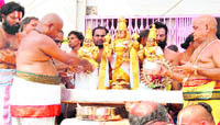 Statues of Lord Balaji and goddesses being offered rituals by priests from Tirupati in Haridwar