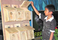 A child looks at wooden nests distributed on the occasion of Word Sparrow Day in Dehradun