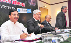 Chief Minister Ramesh Pokhriyal Nishank at a state-level bankers meeting in Dehradun 