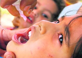 Polio drops being administered by a health worker during the pulse polio drive in Chandigarh