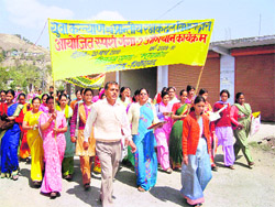 A rally being taken out as part of Sparsh Ganga programme in Pitthoragarh district on Saturday. 